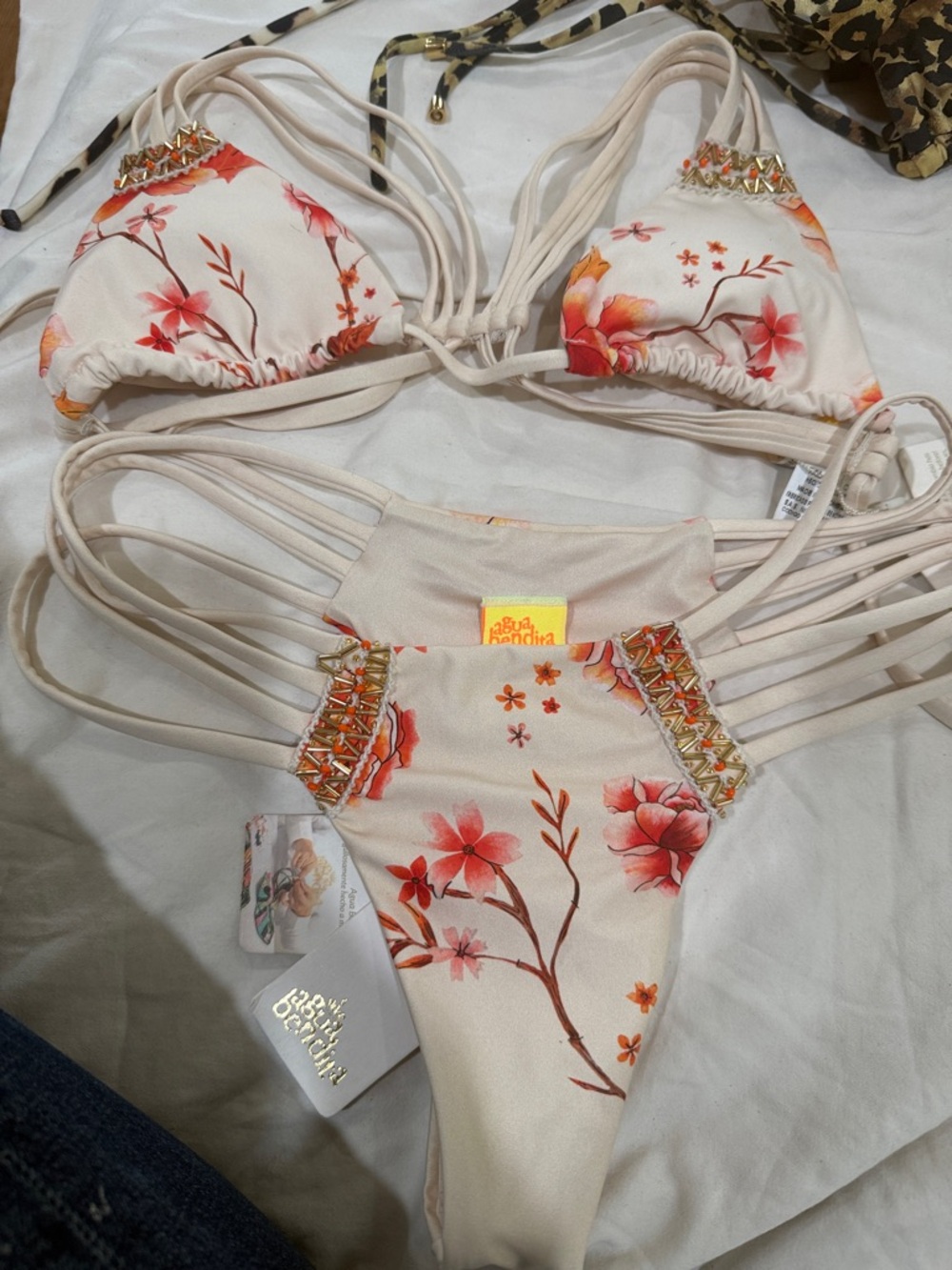 Agua Bendita Cream & Coral Floral Strappy Bikini